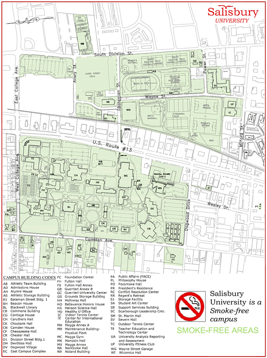 Map Of Smoke Free Zones On Campus Salisbury University